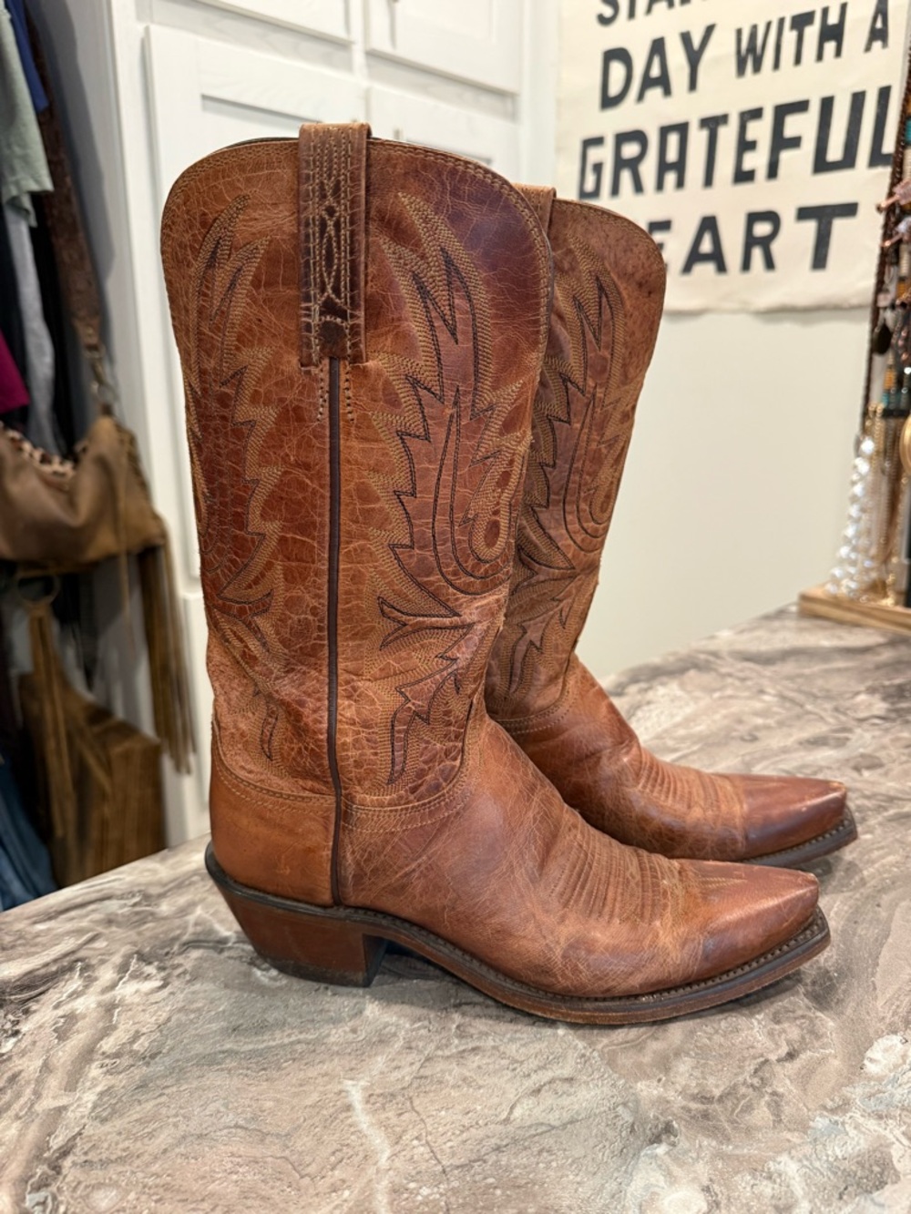 Lucchese Brown Leather Western Embroidered Shaft Cowboy Boots